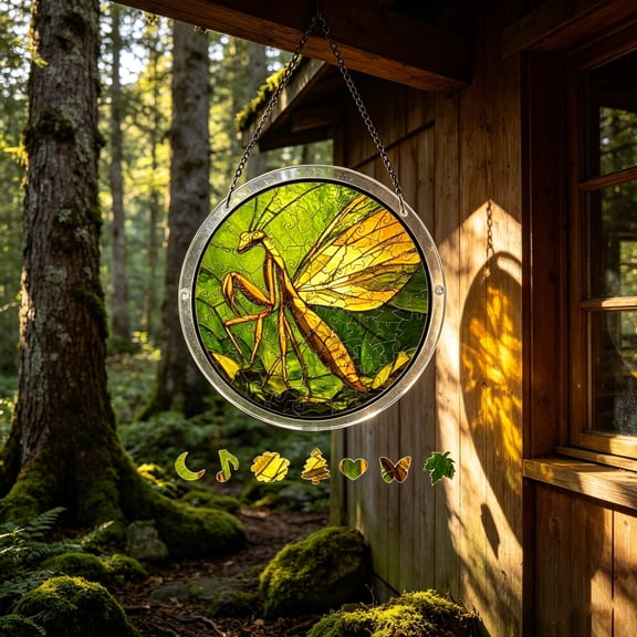 Praying Mantis Stained Glass Style Acrylic Puzzle Suncatcher, 83-Piece No-Glue DIY Craft Kit, 7.48 Inch Transparent Light-Reflecting Window Hanging Decor for Home, Garden & Gifting