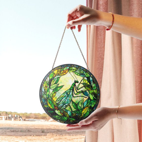 Praying Mantis Stained Glass Suncatcher, Nature-Inspired Window Art, Insect Lovers Decor, Green Leaf Theme, Perfect Gift for Gardeners