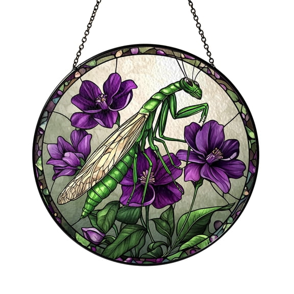 Praying Mantis Stained Glass Suncatcher – Purple Flower Insect Window Decor