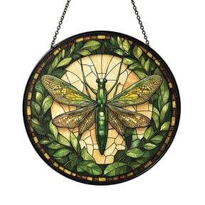 Praying Mantis Stained Glass Suncatcher for Window Decor, Green Leaf Nature Inspired Hanging Art, Colorful Light Catcher for Home