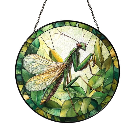 Praying Mantis Stained Glass Window Hanging, Detailed Insect Window Decor Featuring Green Leaves and Nature Inspired Composition