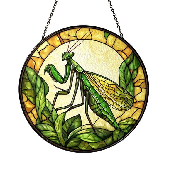 Praying Mantis Stained Glass Window Hanging, Detailed Nature Inspired Art with Green Leaf Botanical Design