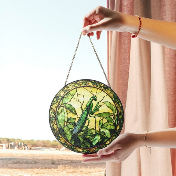 Praying Mantis Stained Glass Window Hanging - Detailed Nature-Inspired Art with Green Leaves 1805130165