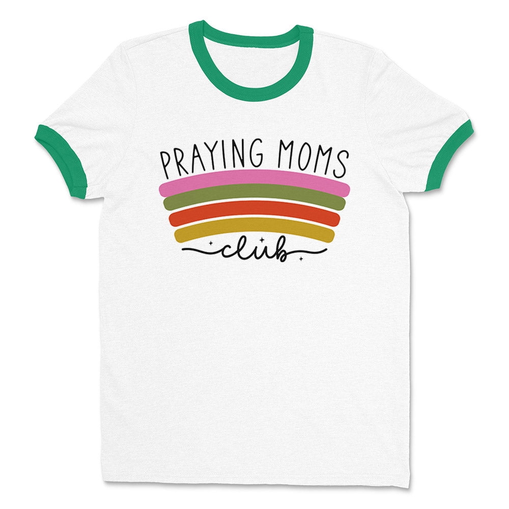 Praying Moms Club Ringer Tee Shirt Unisex Large White Kelly Green 