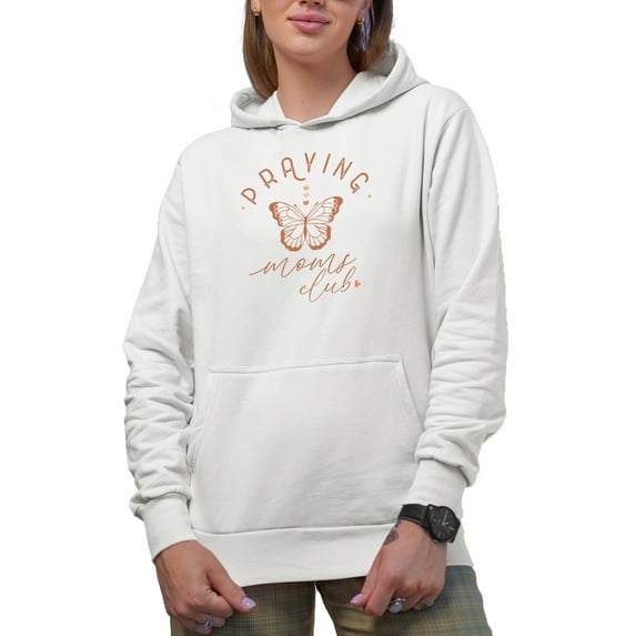 Praying Moms Club with Butterfly Art, Mother's Day Merch Gift, White Hooded Sweatshirt or Hoodie, Small