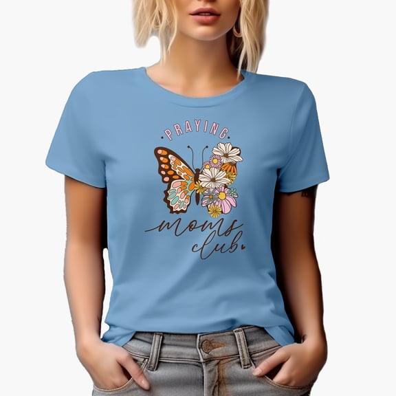 Praying Moms Club with Retro Butterfly & Flowers Art Merch Gift, Baby Blue T-Shirt, 3XL