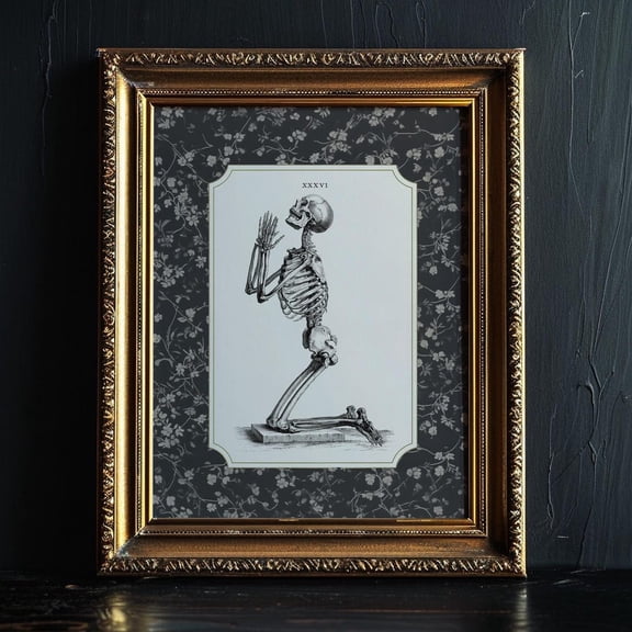 Praying Skeleton Art Print Dark Academia Wall Art Vintage Anatomy Illustration Dark Floral Art Gothcore Nto Mori Print Art