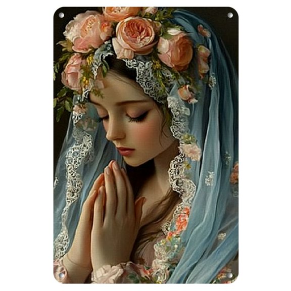 Praying Virgin Mary with Roses Iron Tin Sign Decor Set - UV Protected Fade-Resistant Metal Wall Art for Home, Garden, Room, Patio, Restaurant, Church, Door, Club, Garage, Living Room