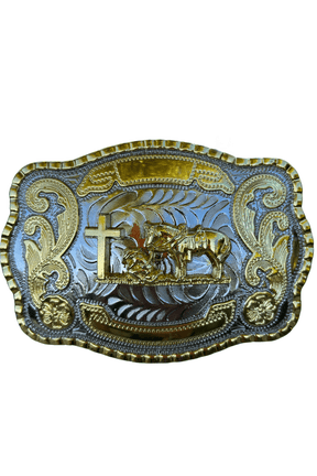 Praying at the Cross Western Cowboy Belt Buckle 4" x 5.5" Gold and Silver Toned Finish, Rodeo-Style Buckle