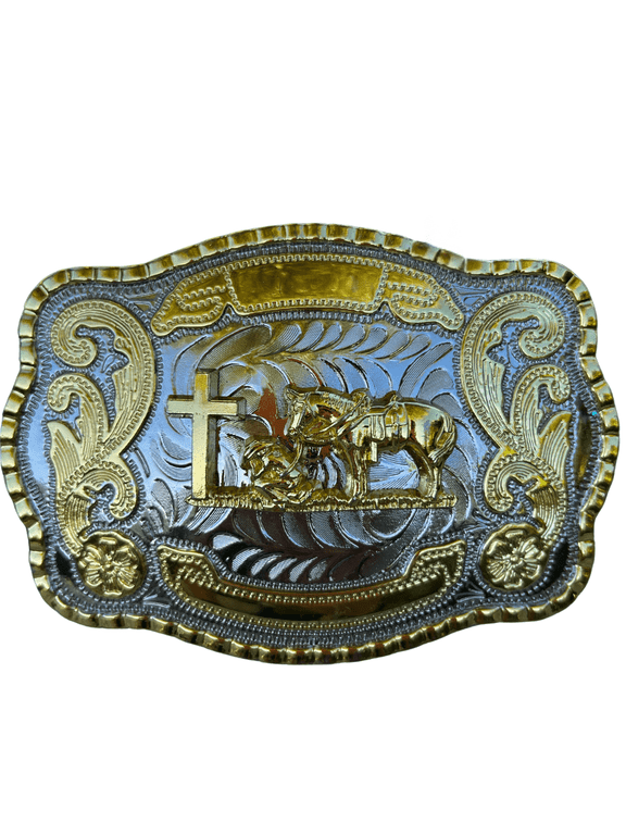 Praying at the Cross Western Cowboy Belt Buckle 4" x 5.5" Gold and Silver Toned Finish, Rodeo-Style Buckle