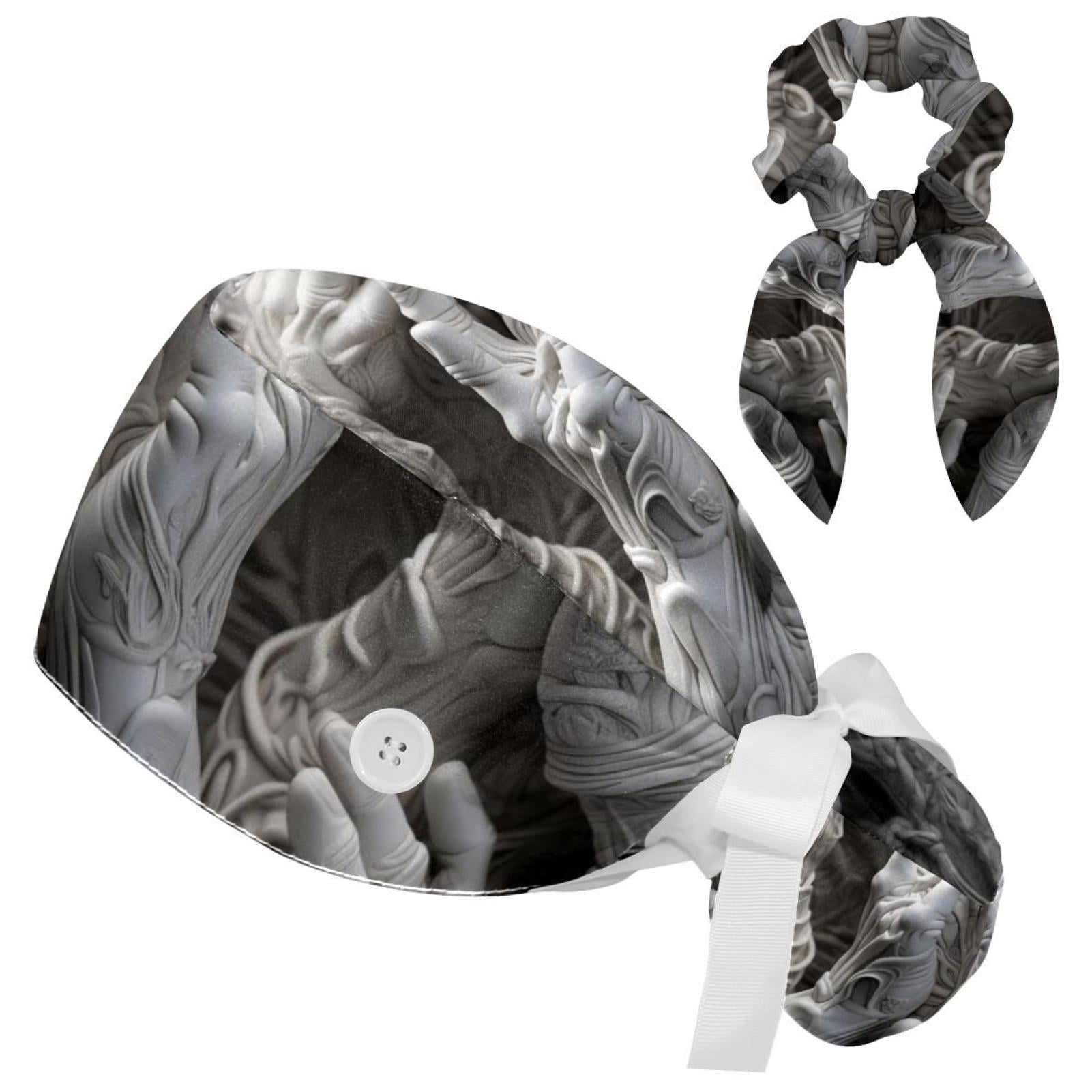 Surgical Cap with Buttons & Bow Hair Scrunchy for Long Hair - Polyester Bouffant Working Hat Heart Paw Print Surgical Scrub Cap With  main image 2