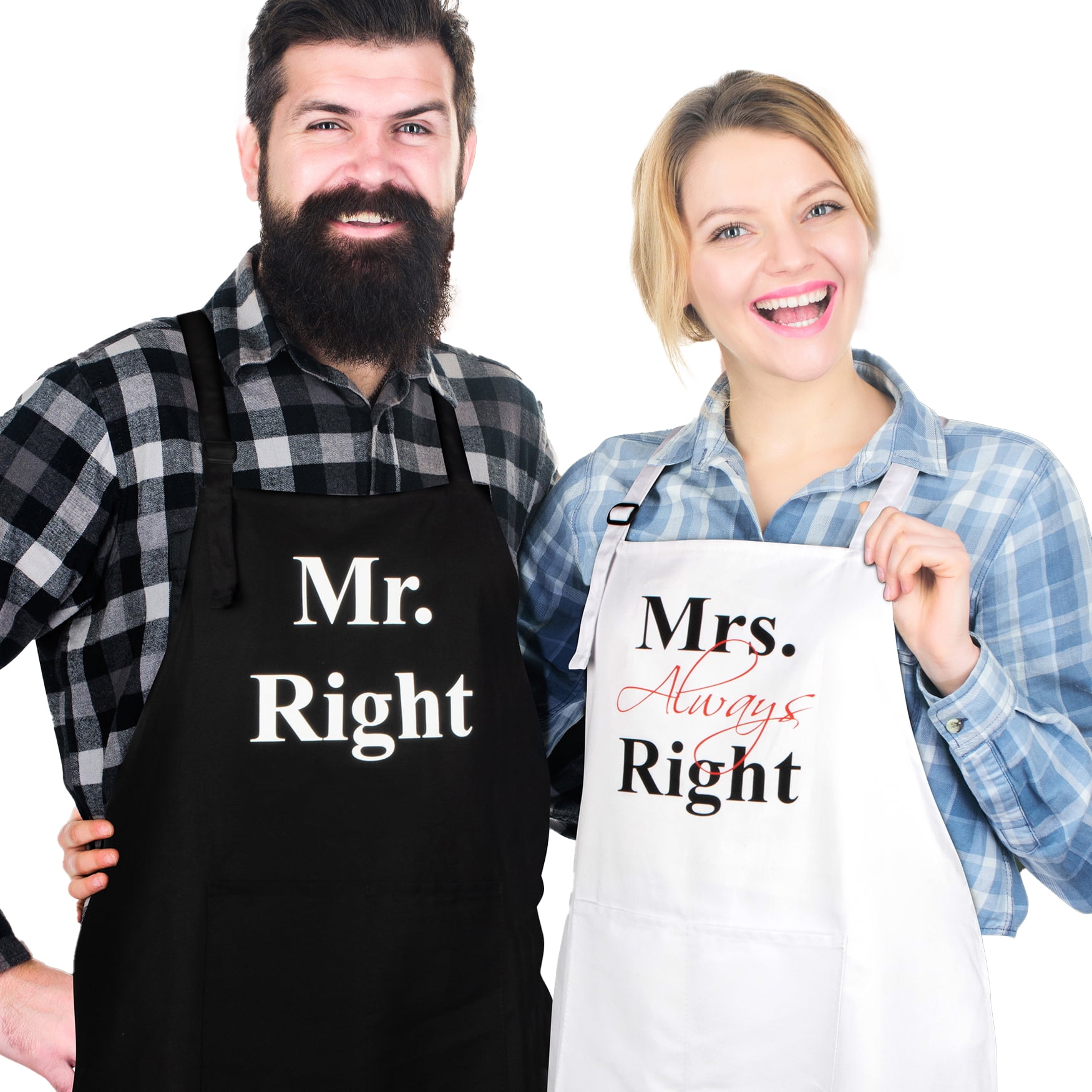 Prazoli His and Hers Aprons for Couples Mr Right Mrs Always Right Engagement and Bridal Shower Gift for Bride, Black & White Apron Set of 2