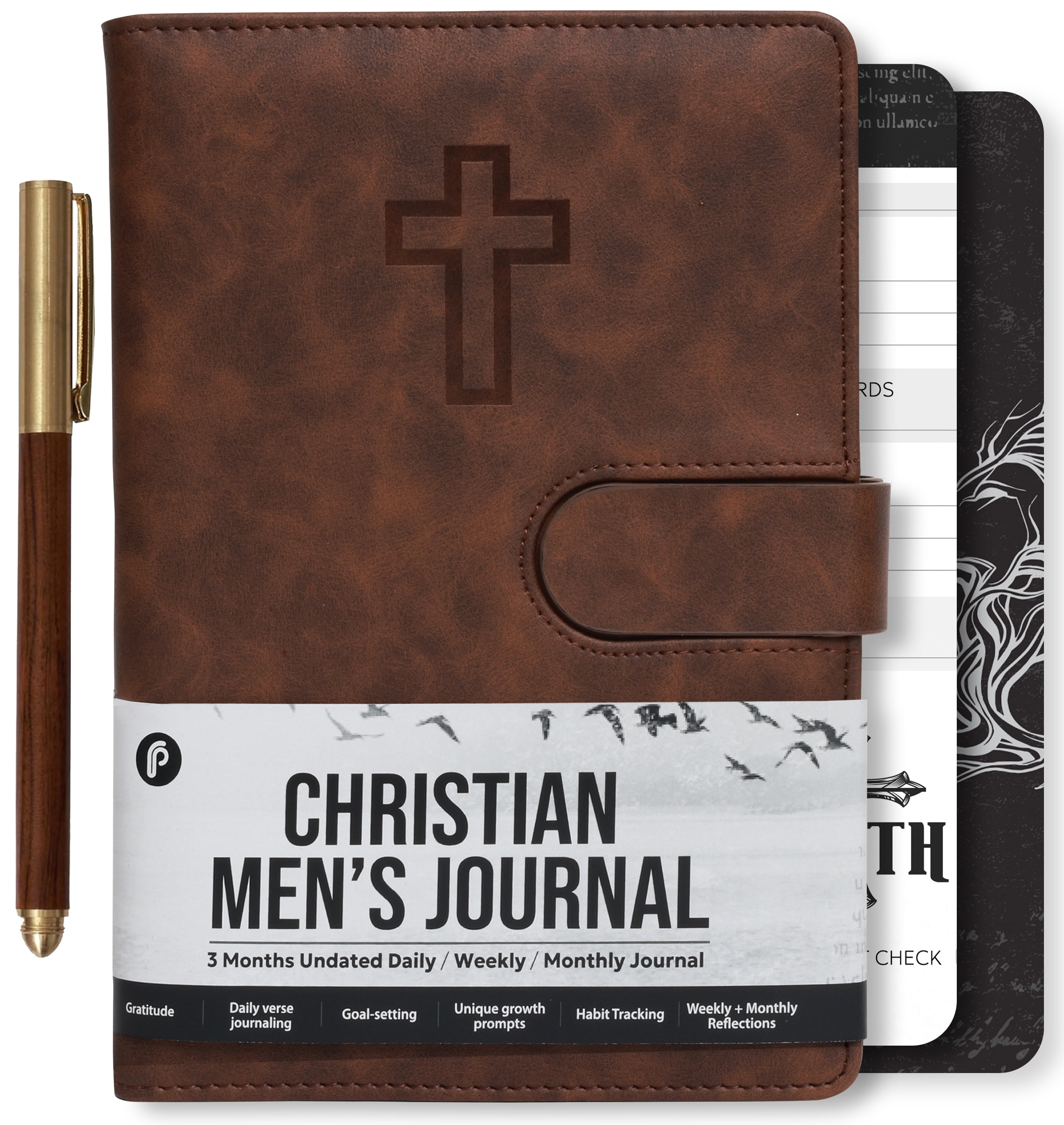 Prazoli Leather Christian Bible Prayer Journal For Men - Study Scripture Notebook & Planner Undated Religious Daily Devotional, Cross