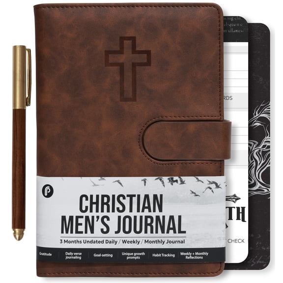Prazoli Leather Christian Bible Prayer Journal For Men - Study Scripture Notebook & Planner Undated Religious Daily Devotional, Cross