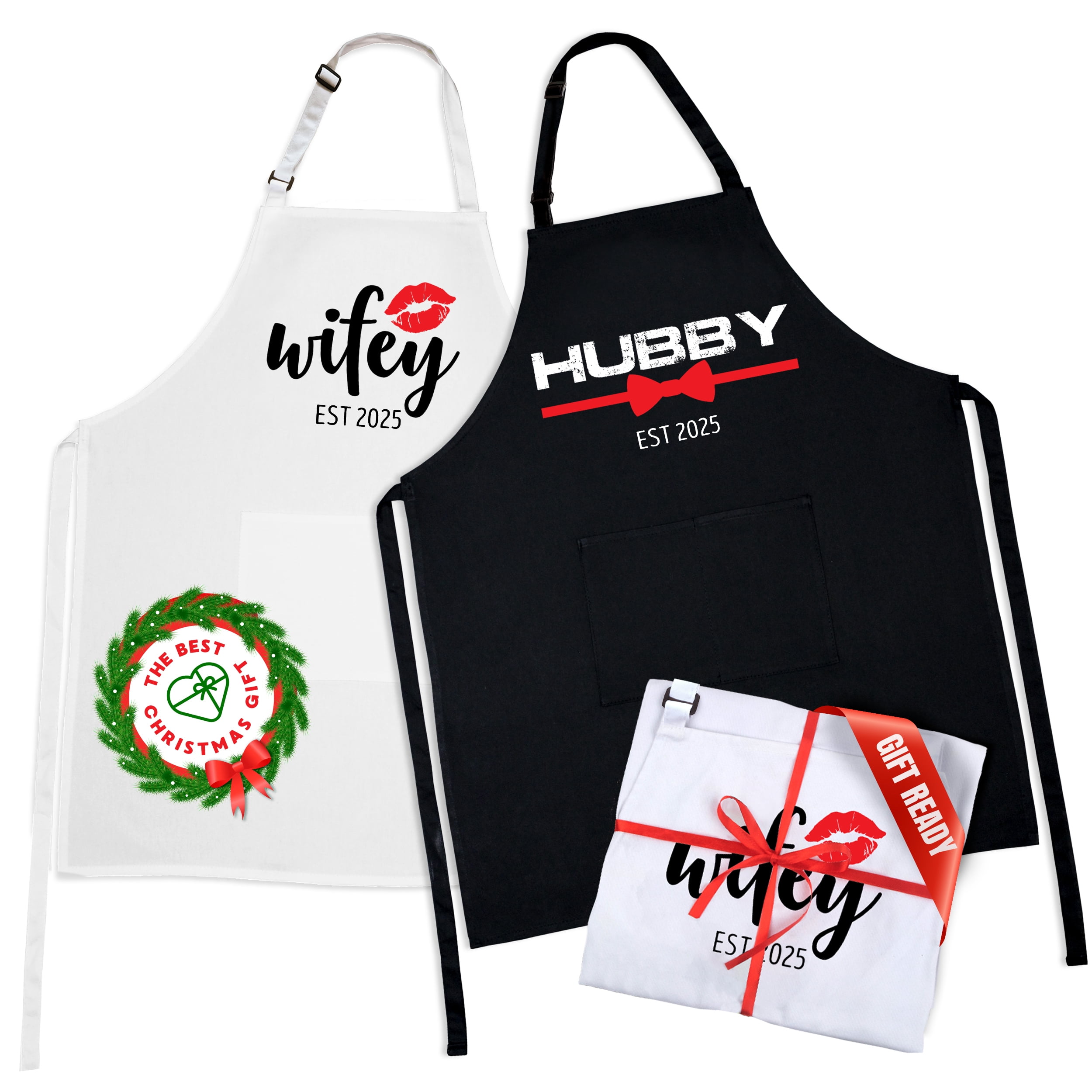 Prazoli Products Mr Mrs Apron Set - Engagement Gifts, Wedding & Bridal Shower Gifts for Couple (Hubby & Wifey Est: 2025, Standard)