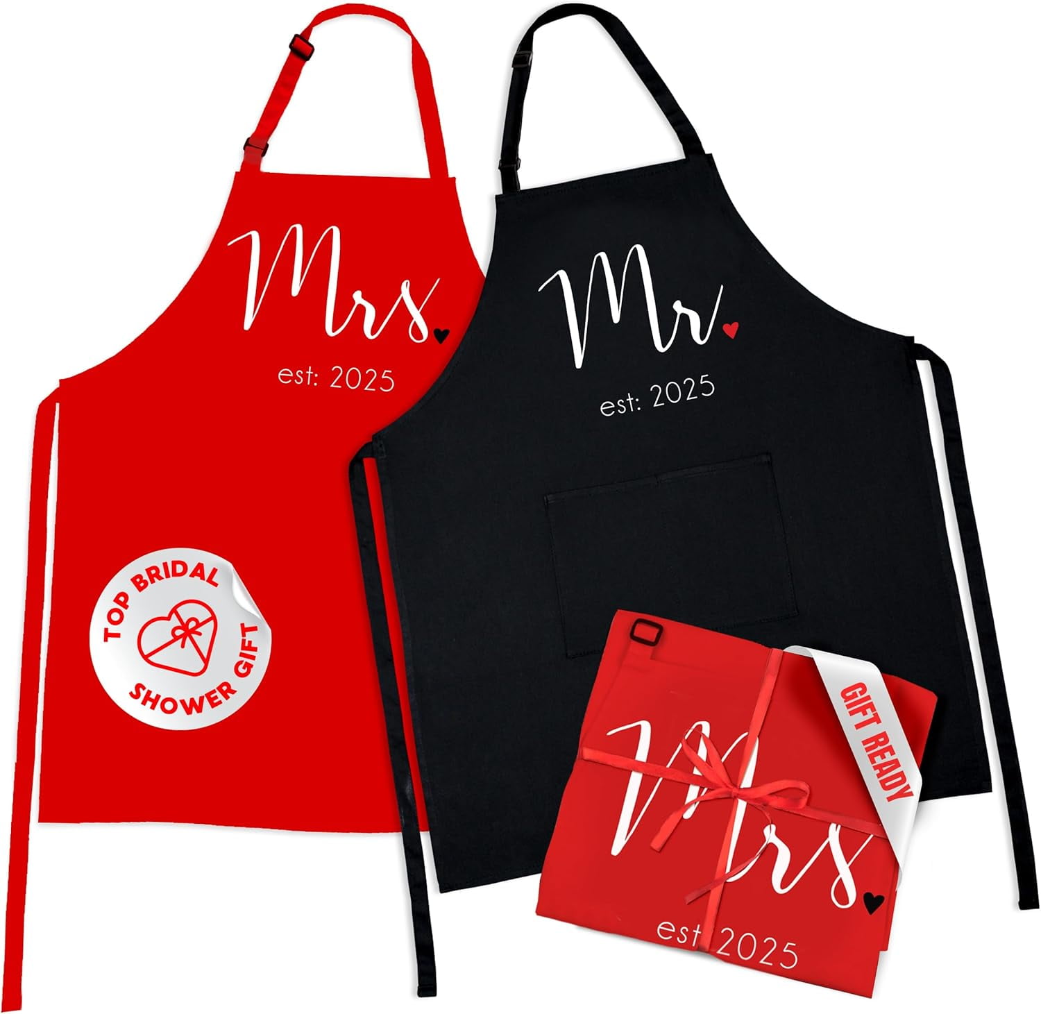 Prazoli Products Mr Mrs Apron Set - Engagement Gifts, Wedding & Bridal Shower Gifts for Couple (Mr. & Mrs. Est: 2025 - Red, Standard)