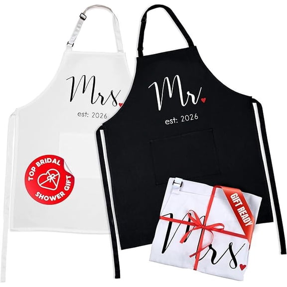 Prazoli Products Mr Mrs Apron Set - Engagement Gifts, Wedding & Bridal Shower Gifts for Couple (Mr. & Mrs. Est: 2026)