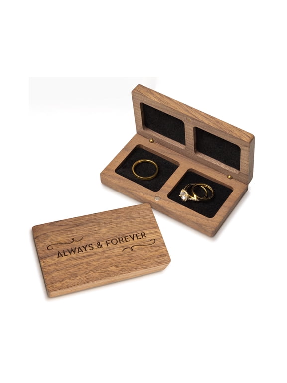Prazoli Ring Box for Wedding Ceremony, Wooden Ring Bearer Double Ring Boxes for Two Rings Case, Walnut Wood