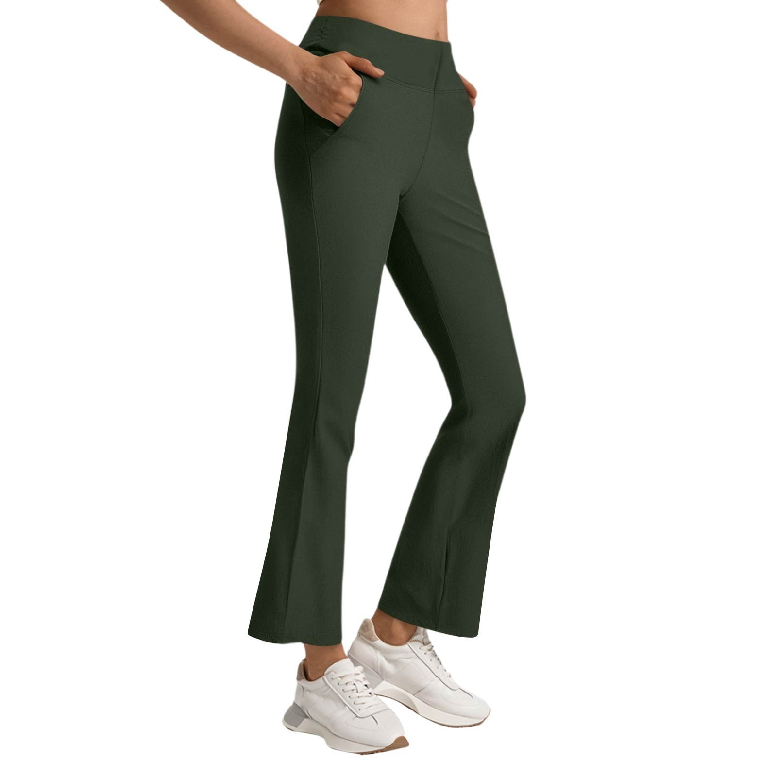 Flare Yoga Pants Women Petite High Waist Leggings Stretch Bootcut Workout Pants Full Length Trousers Athletic Gym Running Leggings Army Green L