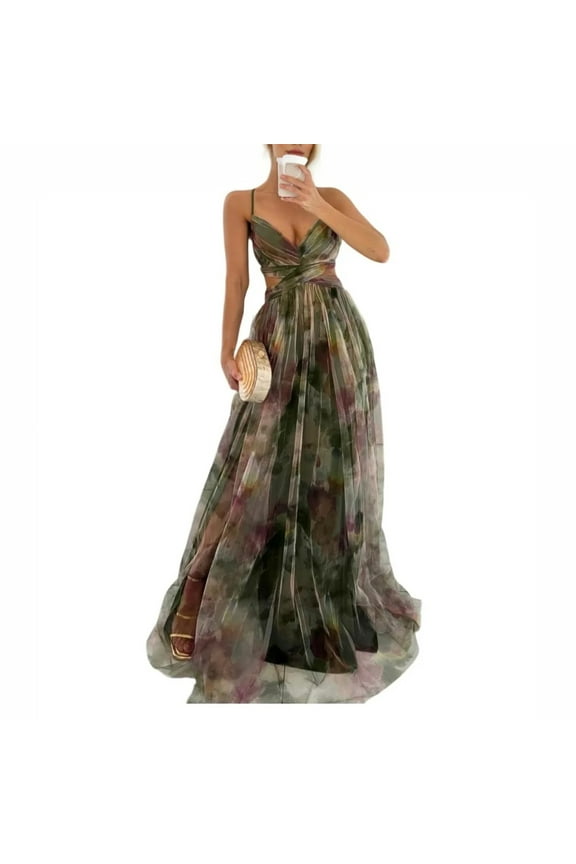 Floral Tulle Maxi Dress for Women Spaghetti Straps V Neck Lace-Up Back A Line Colorful Cocktail Wedding Guest Dress Dark Green M