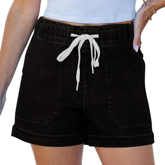 Prdecexlu Jean Shorts for Women High Waisted Pull On Drawstring Elastic Waist Trendy Stretch Denim Summer Shorts Black L