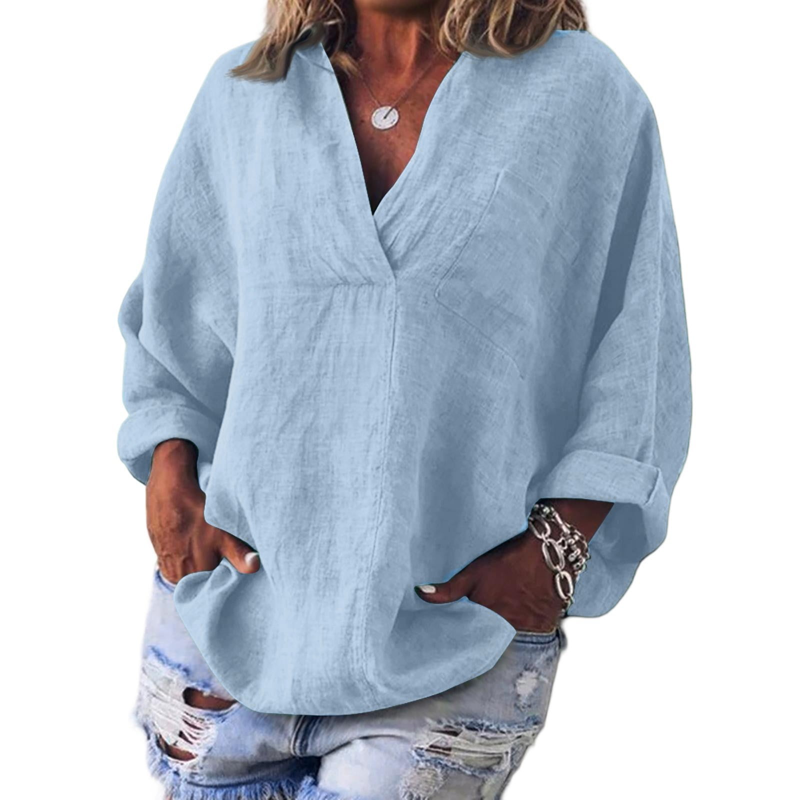 Prdecexlu Linen Shirts for Women Summer V Neck Long Sleeve Tops Dressy ...