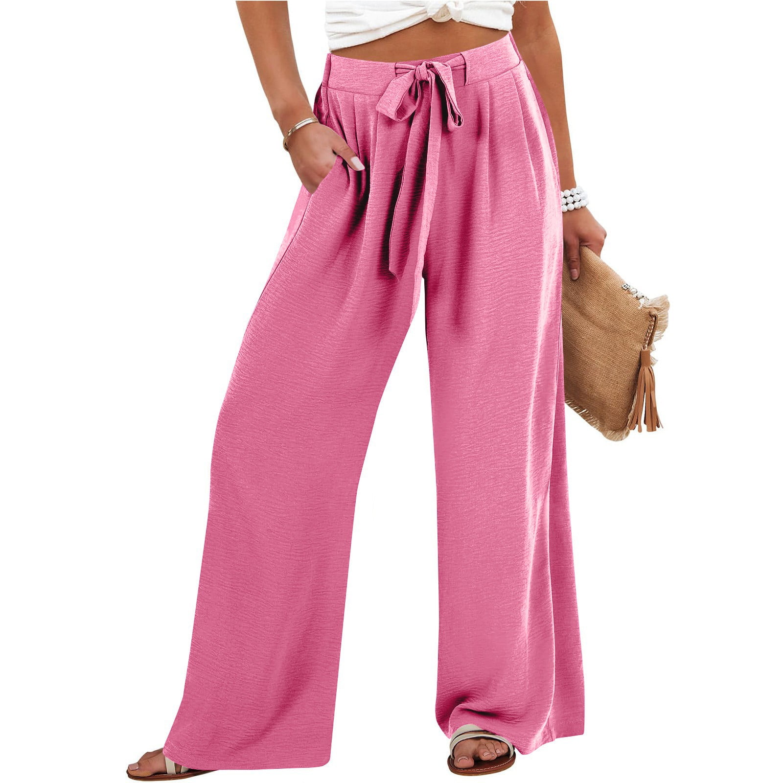 Prdecexlu Plus Size Womens Linen Pants Wide Leg Summer Palazzo High ...
