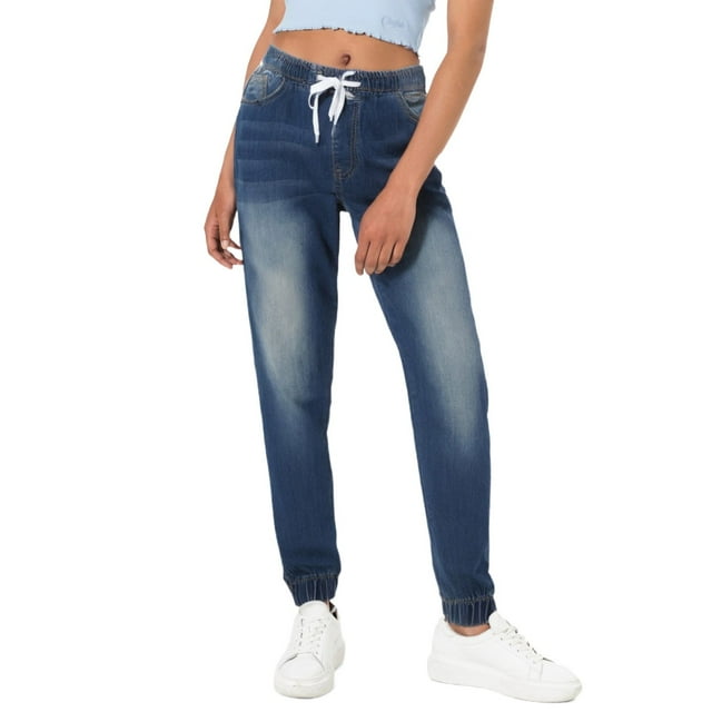 Prdecexlu Ripped Jeans Womens Straight Leg Boyfriend High Waisted Trendy Denim Pants Drawstring Comfy Solid Color Slim Trousers with Pockets Dark Blue XL