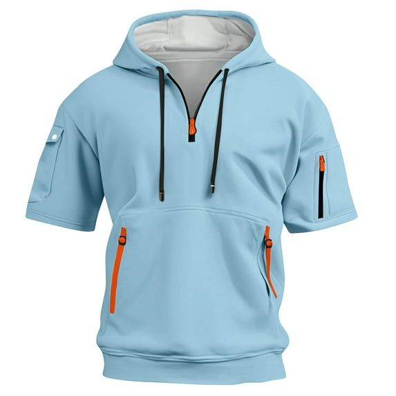 Prdecexlu Short Sleeve Hoodies for Men Quarter Zip T-Shirts Gym Workout Athletic Hooded Work Big and Tall Shirts with Pocket Light Blue 3XL