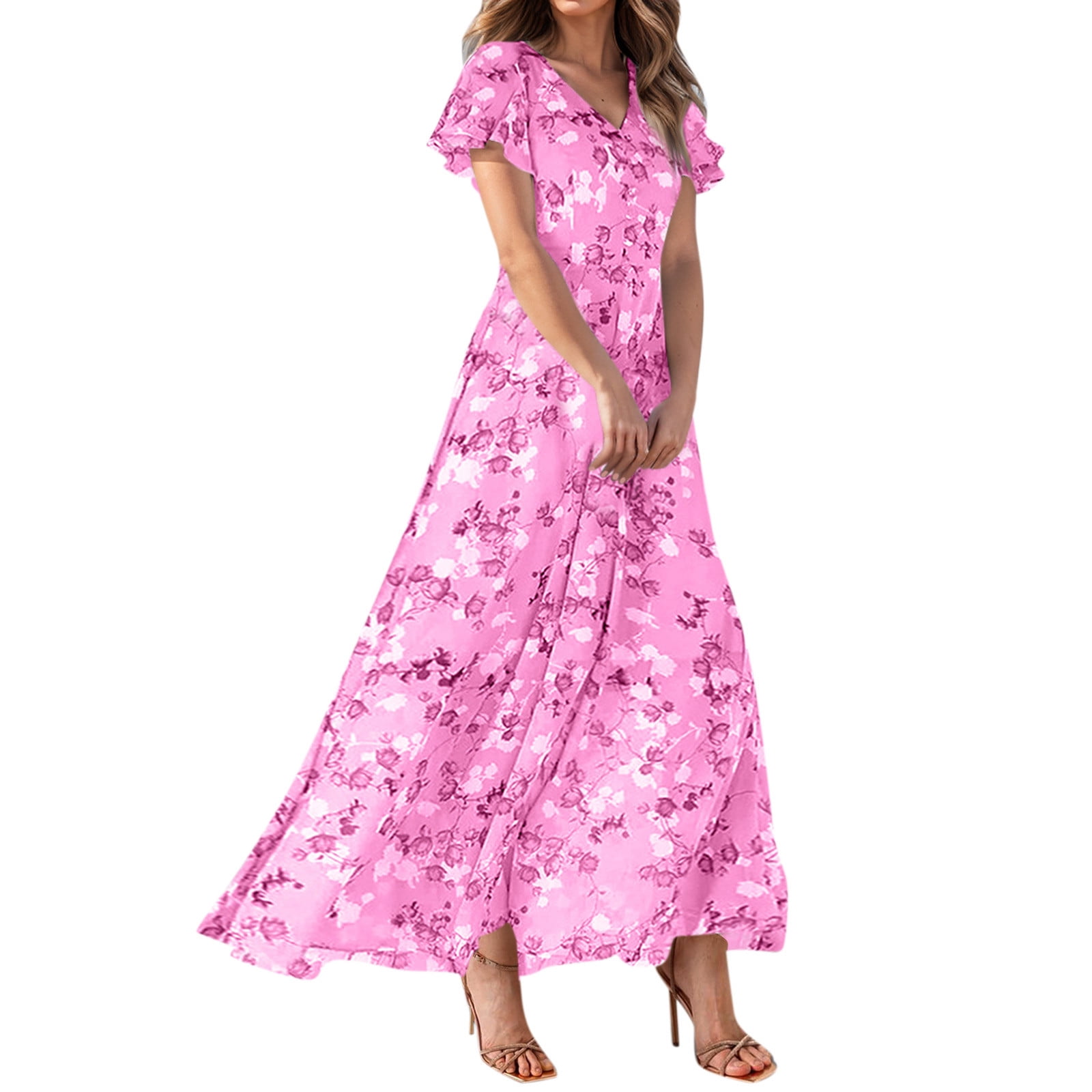 Gardenwed Plus Size Chiffon Floral Summer Dress - V Neck, Short Sleeve, Elastic Waist, Flowy Midi Length, White Floral Print, 3XL