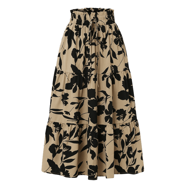 Prdecexlu Summer Skirts for Women 2025 Tiered Pleated Vacation Elastic High Waisted Long Skirt A-Line Loose Boho Floral Print Beach Drawstring Swing Maxi Skirt Khaki M