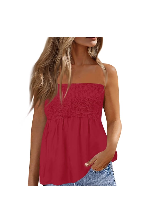 Tube Tops for Women Plus Size Strapless Smocked Ruffled Cute Off the Shoulder Tank Tops Sleeveless Holiday Shirts Casual Backless Flare Hem Summer Blouses Red 2XL
