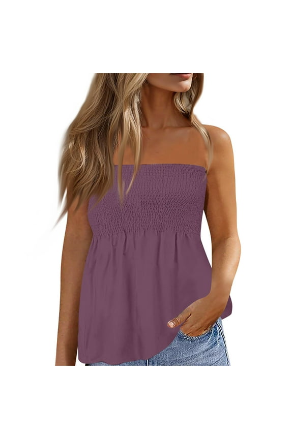 Tube Tops for Women Plus Size Strapless Smocked Ruffled Cute Off the Shoulder Tank Tops Sleeveless Holiday Shirts Casual Backless Flare Hem Summer Blouses Dark Purple M