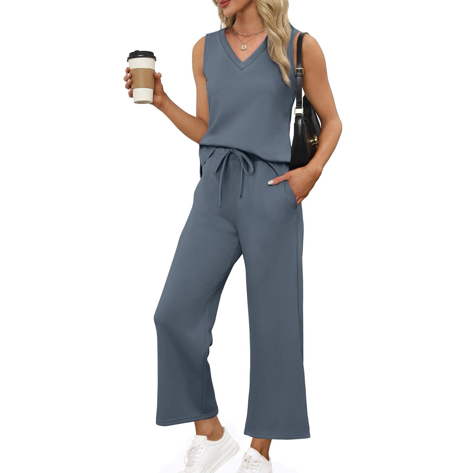 Two Piece Cotton Sleeveless Striped Tank Set With Wide Leg Pants For Women Casual Summer Outfit main image 1