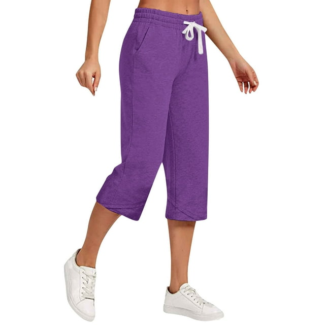 Prdecexlu Women 2024 Summer Beach Capri Pants Below The Knee Pull-on Trousers Cotton Linen Slacks Solid Capri Pants Casual Comfy Dark Purple L