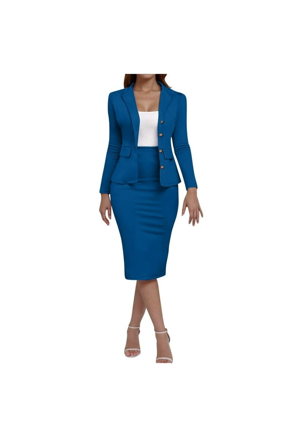 Women's 2 Piece Suit Skirt Set Business Office Formal Dress Suit Peplum Blazer Jacket Midi Pencil Skirt Suits Blue 2XL