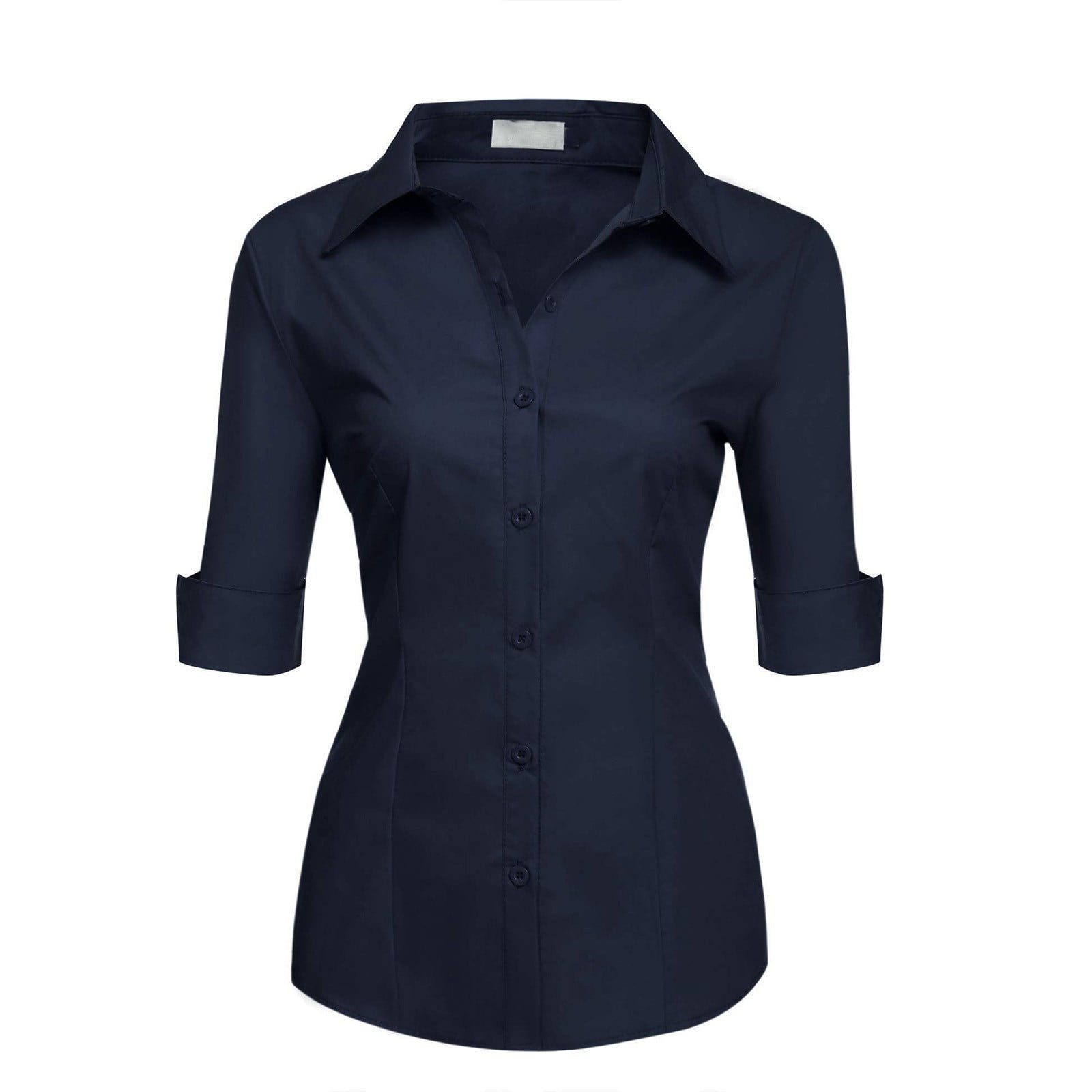 Prdecexlu Women's Basic Button Down Shirts 3/4 Sleeve Stretch Button Up