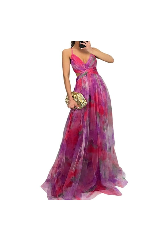 Women's Floral Tulle Wedding Guest Dress Spaghetti Straps V Neck A Line Formal Colorful Cocktail Maxi Dresses Hot Pink M