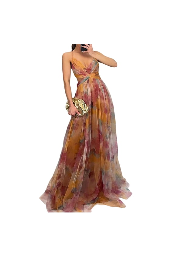 Women's Floral Tulle Wedding Guest Dress Spaghetti Straps V Neck A Line Formal Colorful Cocktail Maxi Dresses Saffron L