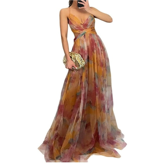 Prdecexlu Women's Floral Tulle Wedding Guest Dress Spaghetti Straps V Neck A Line Formal Colorful Cocktail Maxi Dresses Saffron M