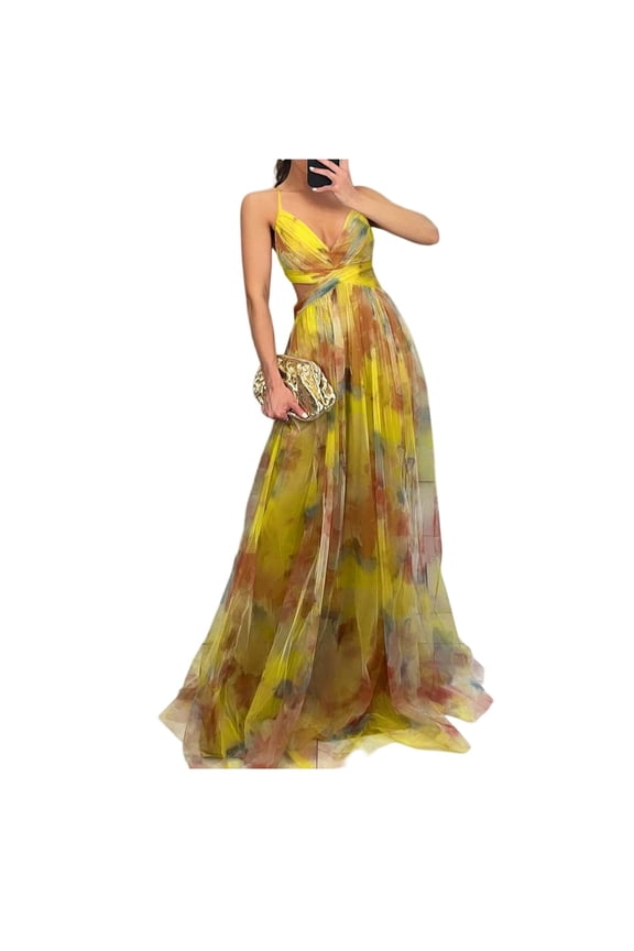 Women's Floral Tulle Wedding Guest Dress Spaghetti Straps V Neck A Line Formal Colorful Cocktail Maxi Dresses Yellow S