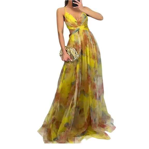 Prdecexlu Women's Floral Tulle Wedding Guest Dress Spaghetti Straps V Neck A Line Formal Colorful Cocktail Maxi Dresses Yellow S
