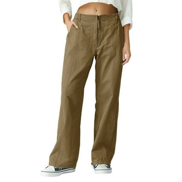 Prdecexlu Women's Pants Zip Front Casual Straight Leg Trousers High Waisted Comfy Wide Leg Trendy Pants Army Green XL