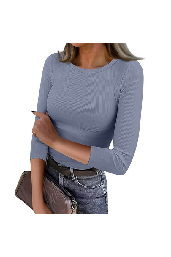 Womens 3/4 Sleeve Shirts Summer Rib Knit Slim Fit Basic Tees Round Neck Casual Solid Color Tunic Tops Three Quarter Length Business Work Blouses Gray 3XL