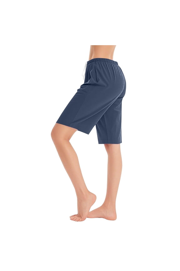 Womens Pajama Shorts Lightweight Elastic Waistband with Drawstring Pockets Knee Length Breathable Bermuda Long Shorts Stylish Casual Lounge Pj Bottoms Blue 3XL