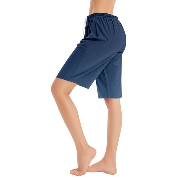 Prdecexlu Womens Pajama Shorts Lightweight Gradient Elastic Waistband with Drawstring Pockets Knee Length Breathable Bermuda Long Shorts Stylish Casual Lounge Pj Bottoms Blue XL