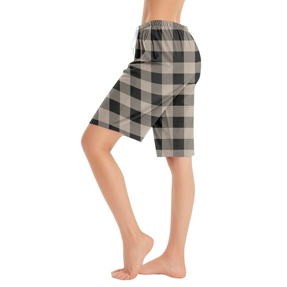Prdecexlu Womens Pajama Shorts Lightweight Plaid Elastic Waistband with Drawstring Pockets Knee Length Breathable Bermuda Long Shorts Stylish Casual Lounge Pj Bottoms Khaki M