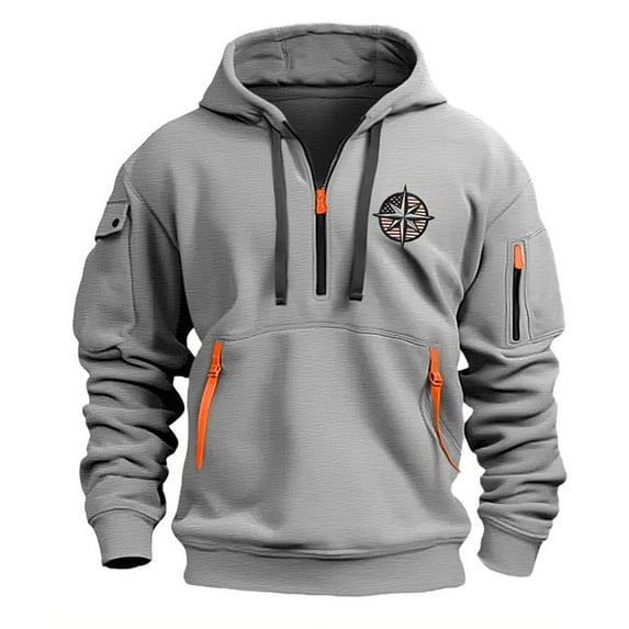 Prdecexlu Workout Hoodies for Men Drawstring Running Active Hooded Collar Tops Quarter Zip Casual Solid Color Pullover with Arm Pocket Light Gray 2XL