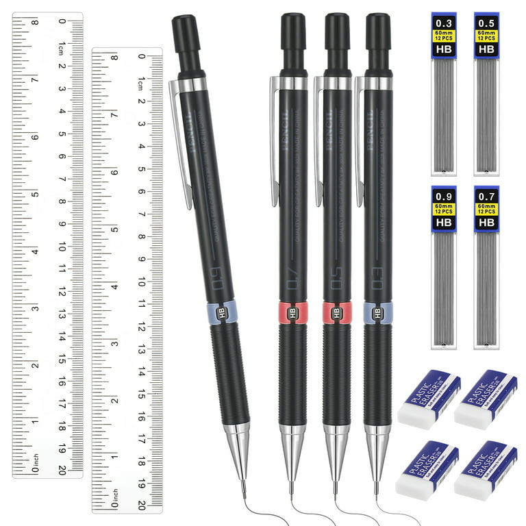 Prdigy 14 Pcs Mechanical Pencil Set, (0.3, 0.5, 0.7 & 0.9 mm) Metal  Drafting Pencil, 4 Lead Refills, 4 Eraser & 2 Straight Ruler for Writing  Sketching Drawing Illustrations Architecture(Black) 