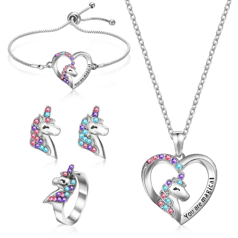 Prdigy 5Pcs Girls Unicorn Jewelry Set, You are Magical, Unicorn Necklace  for Girl Women, CZ Stone Heart Pendant Necklace(Silver) 
